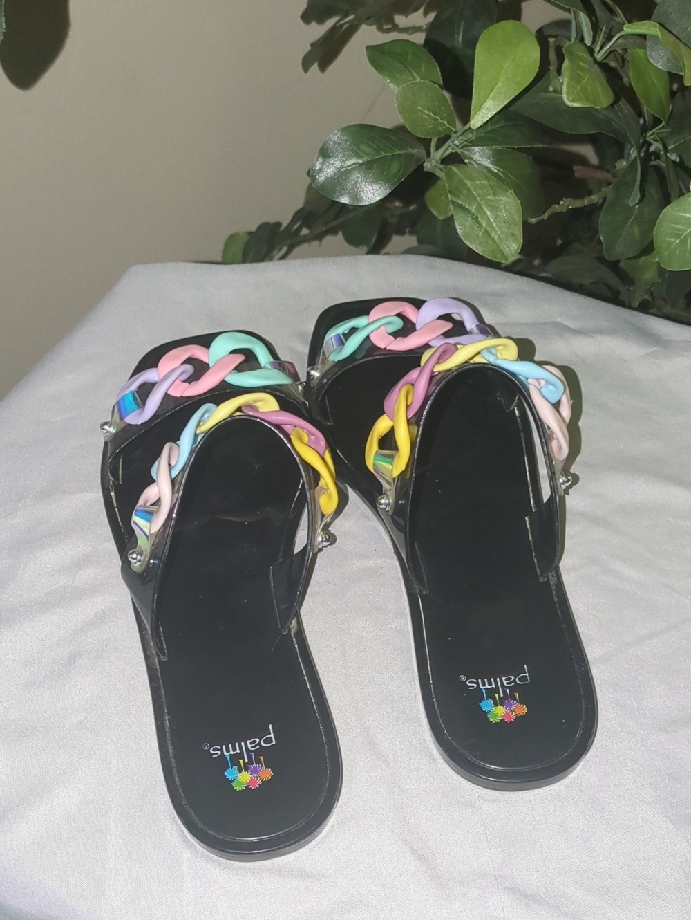 Black Slide Sandals with Pastel Chain Accent